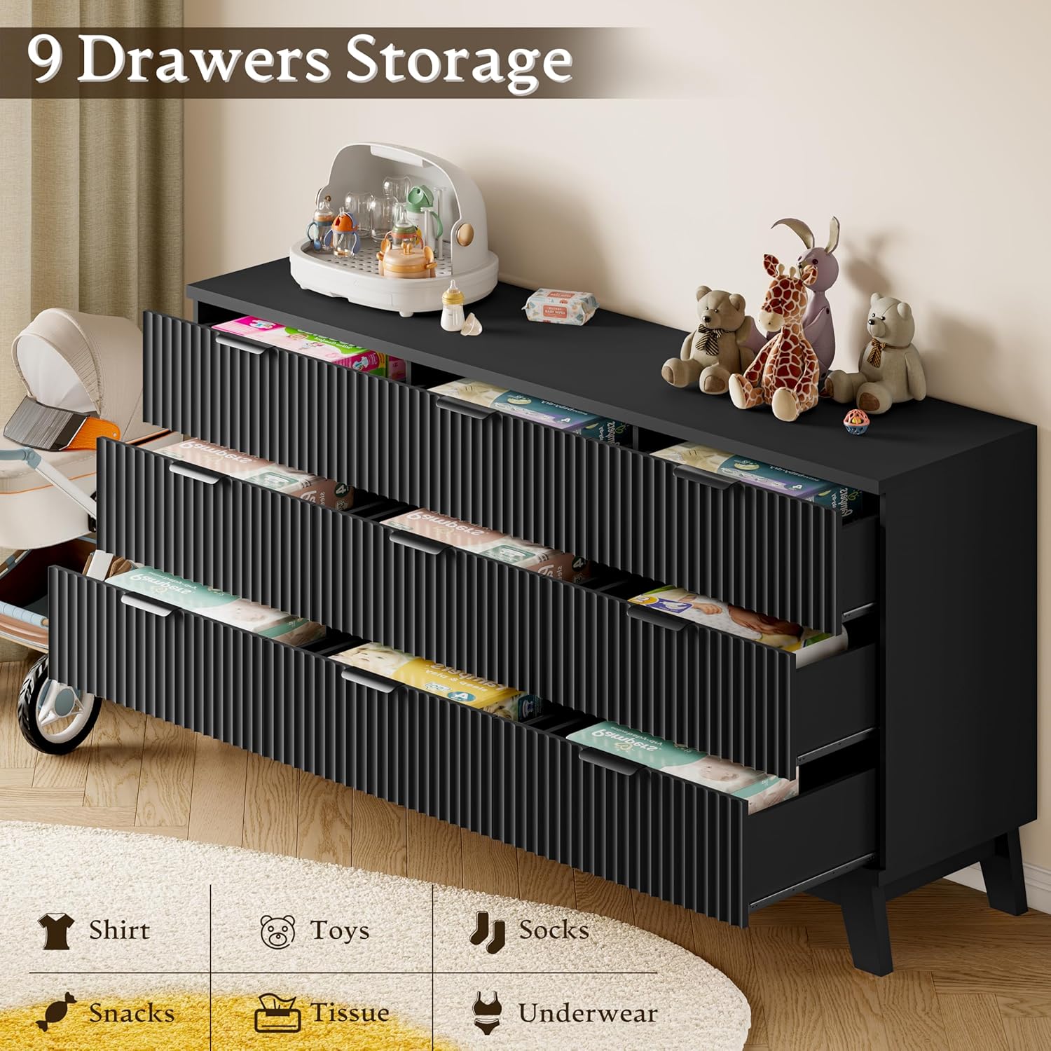 BORNOON 63" Long Dresser for Bedroom, 9-Drawer Fluted Dresser, Extra-Wide Wood Chest of Drawers with Smooth Metal Slides, Stable Base, Modern Clothes Storage Cabinet for Living Room, Hallway, Nursery