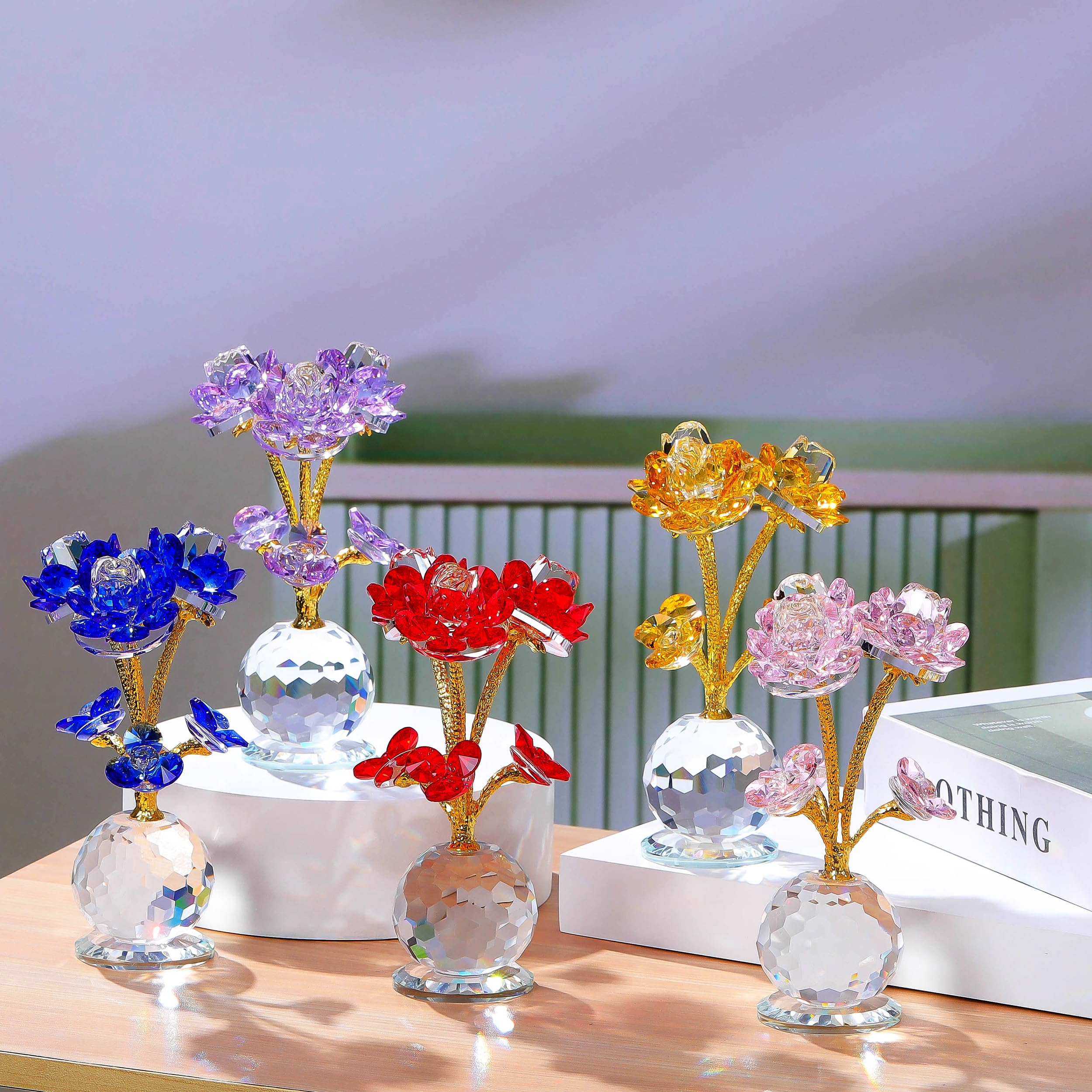 バラのついた飾り用花瓶 花台付き 中国 並行輸入品】赤いバラの花のクリスタルの置物 花瓶付き ガラスの花 茎
