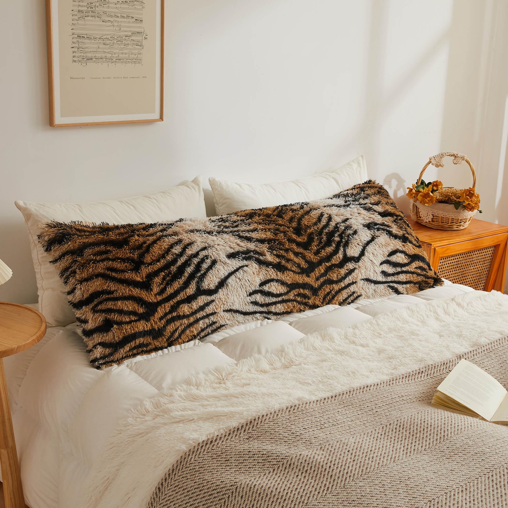 XeGe Flauschiger Kunstfell-Kissenbezug mit Tiger-Druck, 1,4 m, Braun | Fuzzy Body Pillow Case with Hidden Zipper, Decorative Long Plush Standard Bolster Pillowcase for Pregnant Women Side Sleeper