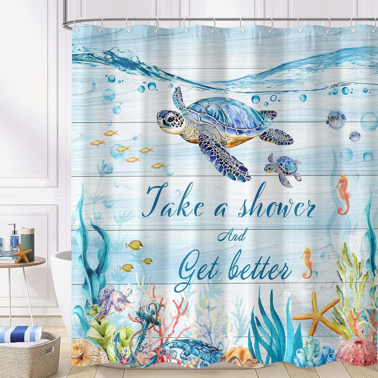 Sea Turtles Shower Curtain, Coral Starfish Ocean Themed Bathroom Curtain, Underwater Ocean Life Bathroom Decor Light Blue 72x72 inch