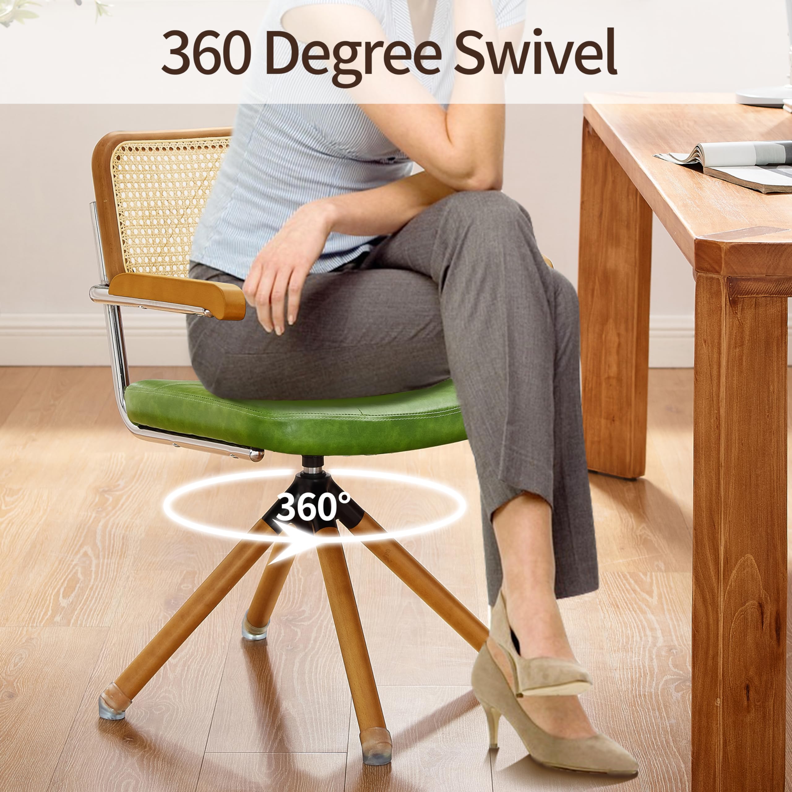Zouron Silla de Comedor de Estilo Moderno (Respaldo de ratán), Silla giratoria 360° (tapizado en Piel sintética), sin Ruedas, Verde