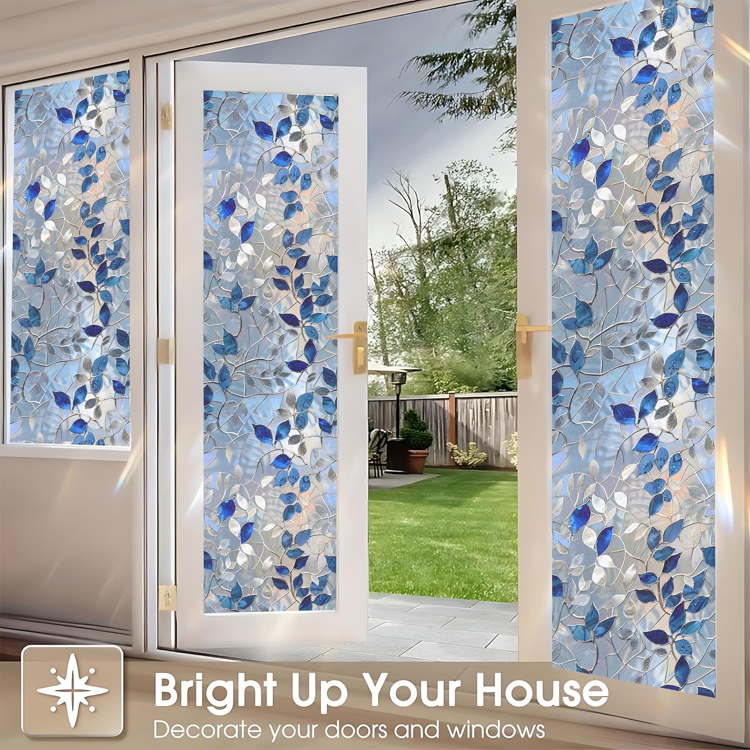 Large Frosted Window Film 17.5x78.7in Privacy Glass Door Cover Blue Leaf Decorative Static Cling Film