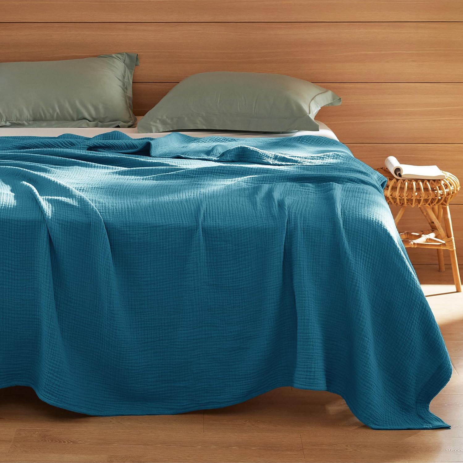 Bedsure 100% Cotton Muslin Blanket King Size for Bed - 4-Layer Breathable and Lightweight Thin Soft Summer Gauze Muslin Blanket for Adults, Teal, 108x90 Inches - Image 5