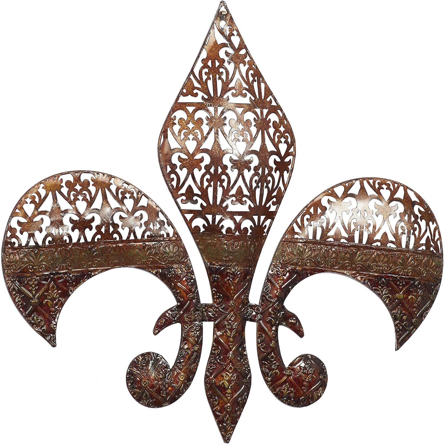Deco 79 Metal Fleur De Lis Wall Decor with Perforated Details, 25" x 1" x 23", Brown