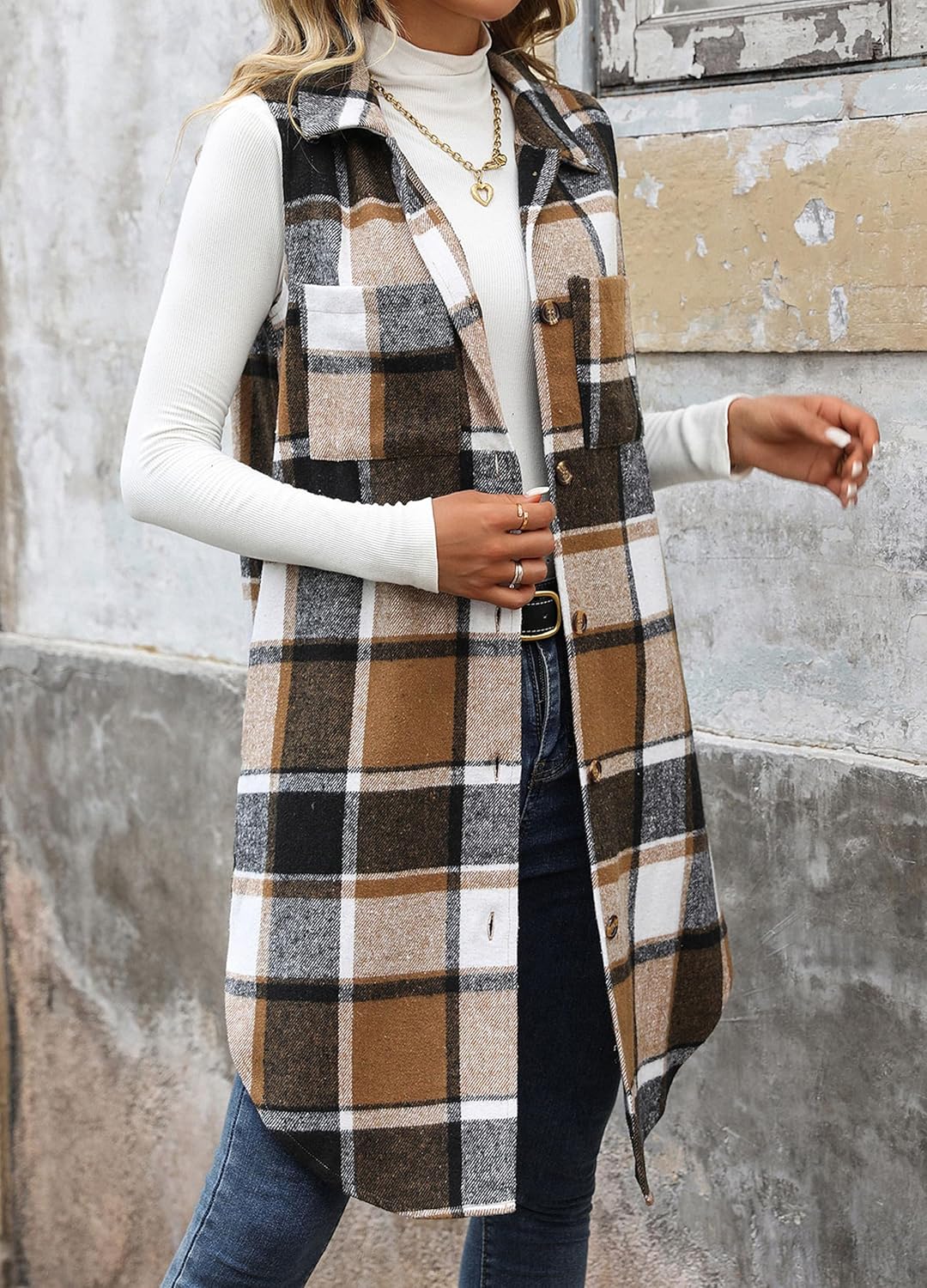 ZILIN Long Flannel Plaid Vest for Women Button Down Sleeveless Shacket Shirt Jacket with Pockets - Image 6