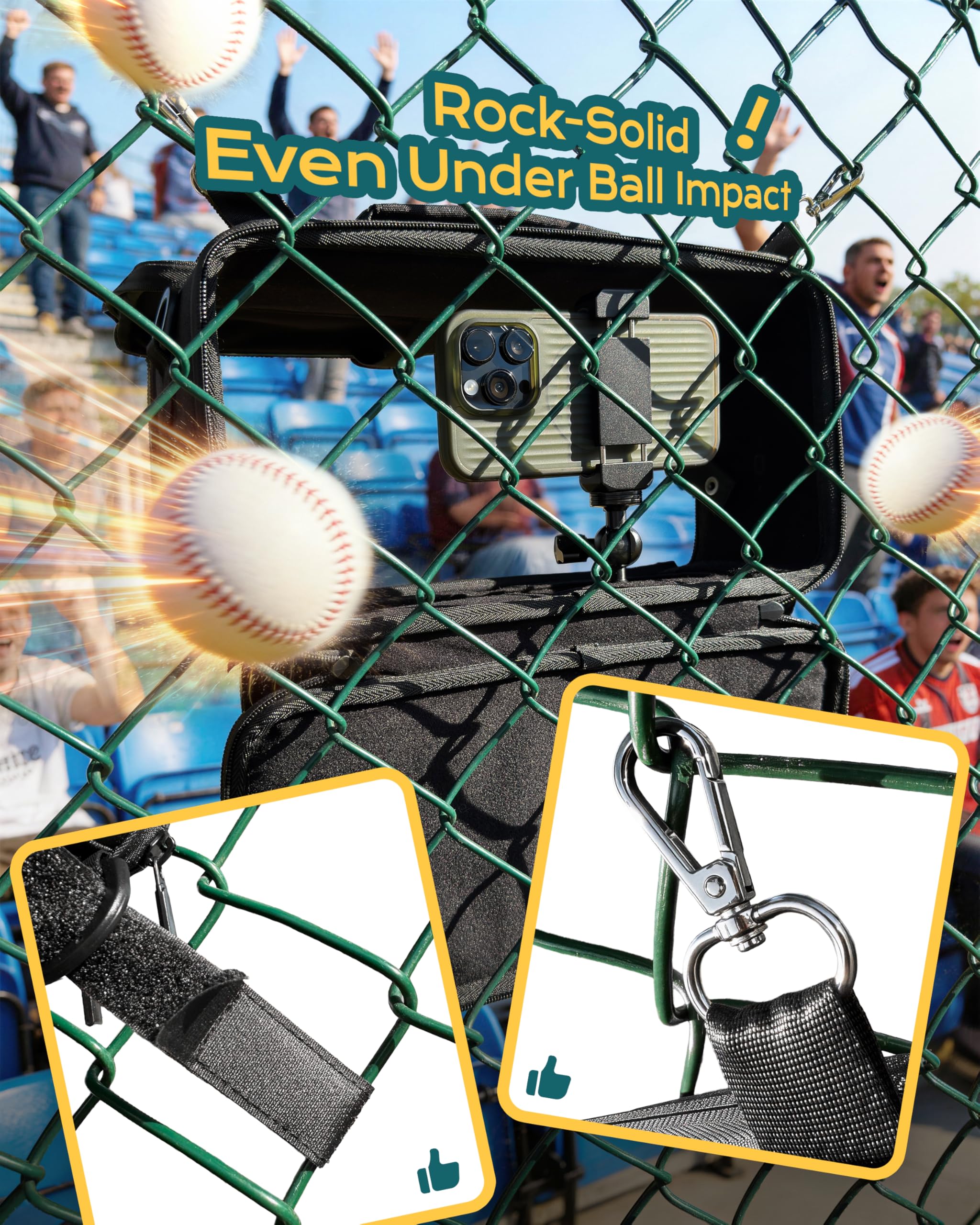 Stouchi Game Changer Mounting Kit, All-in-One Soft Fabric Fence Mount Bag with Anti-Glare Shade & Storage, Portable Fence Mount for Baseball Softball Tennis, Compatible with iPhone/GoPro/Mevo Start - 5