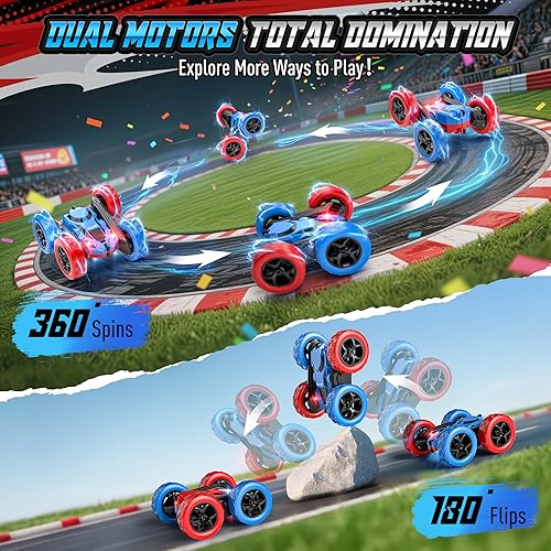 Vista 67 de Auto de control remoto para niños, auto de acrobacias RC giratorio de 360°, vehículo eléctrico 4WD de doble cara con luces LED, autos de juguete