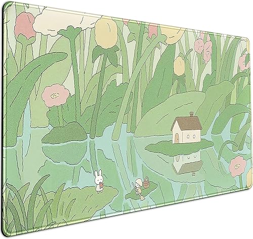 Kawaii - Tapete de escritorio verde para mouse, diseño japonés, flores y plantas, estético de anime, tapete de mouse grande, XXL, tapete de