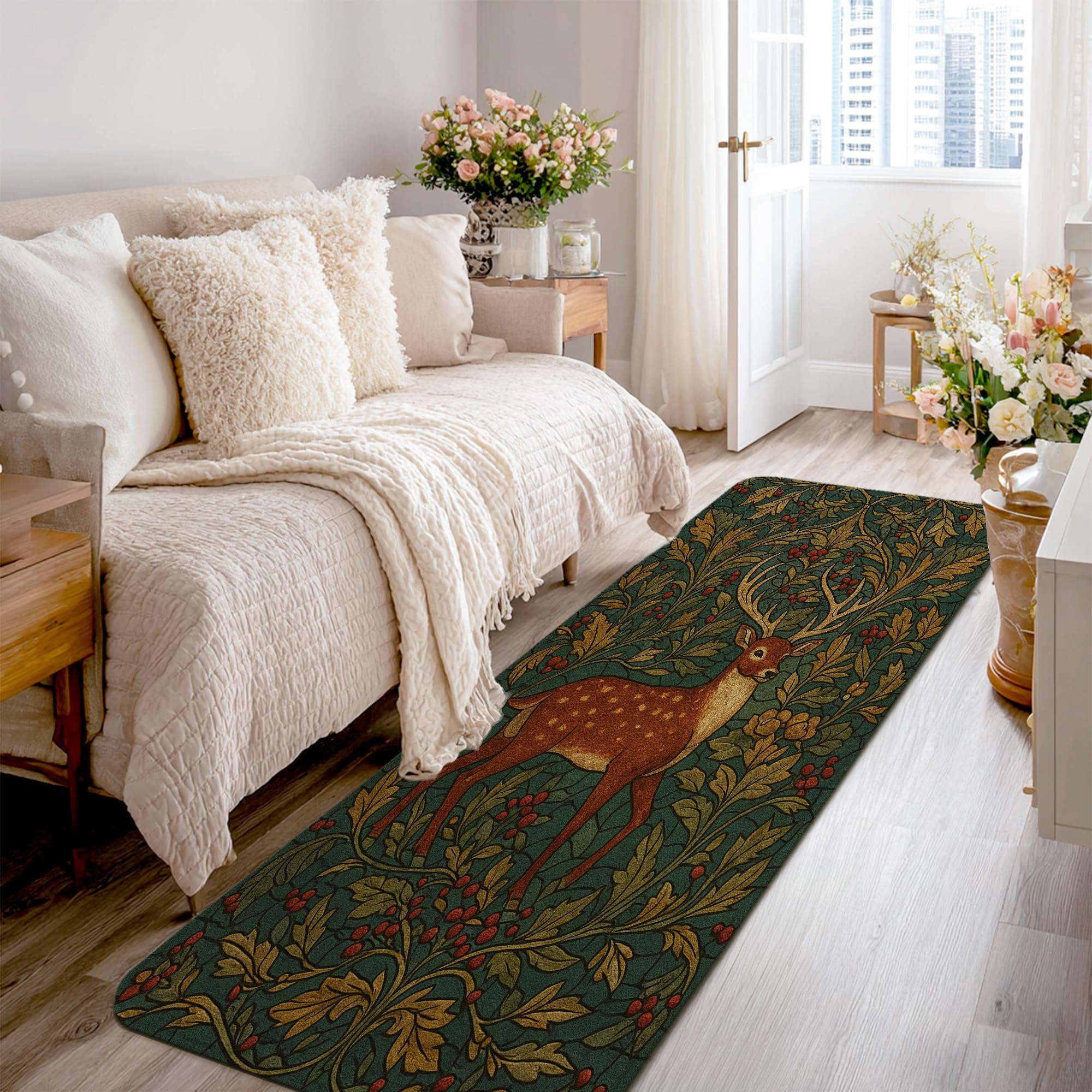 Deer Runner Rug, Winter Rustic Leaves Berries Winter Green Low Pile Sponge Edge Binding Home Rectangle Carpet for Kitchen Entryway Bathroom Doorway Decor 2x8 Ft
