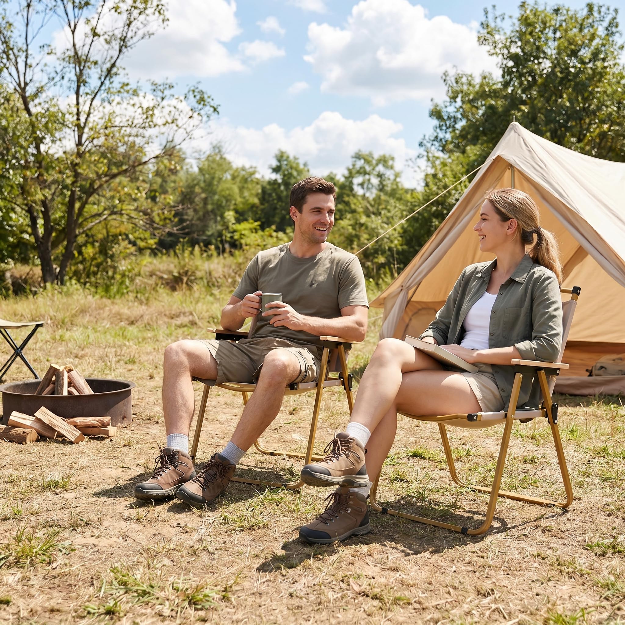 EGGREE Lot de 2 Chaises de Camping, Capacité de Charge de 120 kg, Accoudoirs en Bois et Tissu Oxford 600D, Chaises Pliantes Portables pour Camping, Plage, Terrasse, Pêche (Kaki)