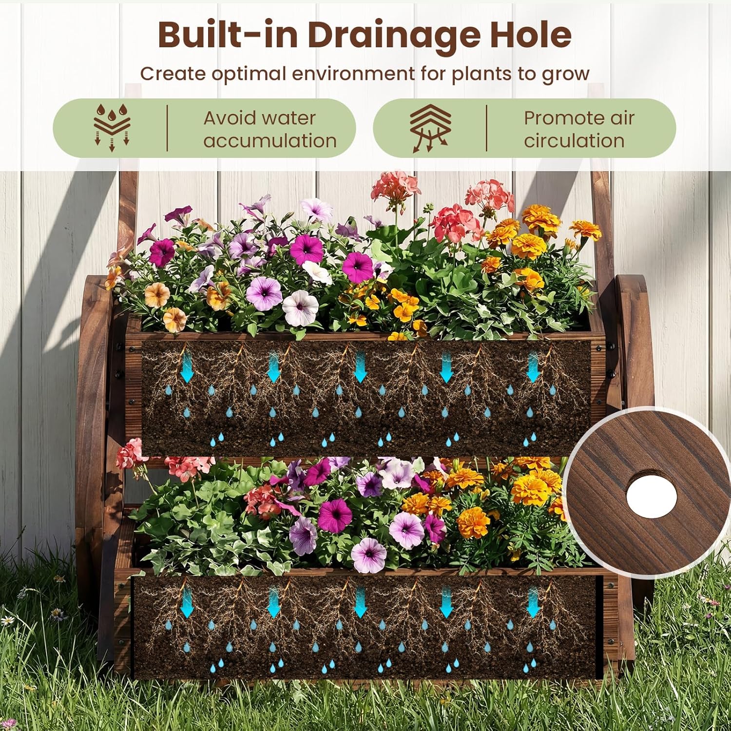 Giantex Wooden Wagon Planter Box, Rustic Garden Planter with Wheels, Handles & Drainage Holes for Flowers Herbs Vegetables, Indoor Outdoor Decorative Flower Cart for Patio Balcony (1)