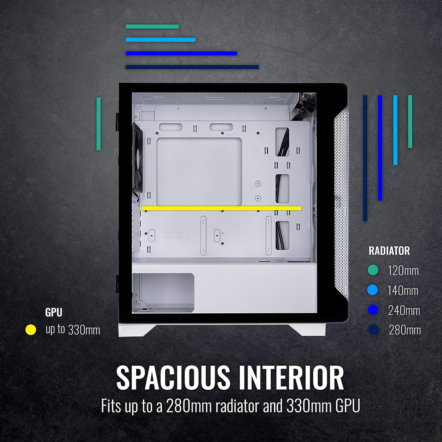 Diagram illustrating fan support in the Thermaltake S100 case, showing locations for 120mm, 140mm, and 200mm fans.