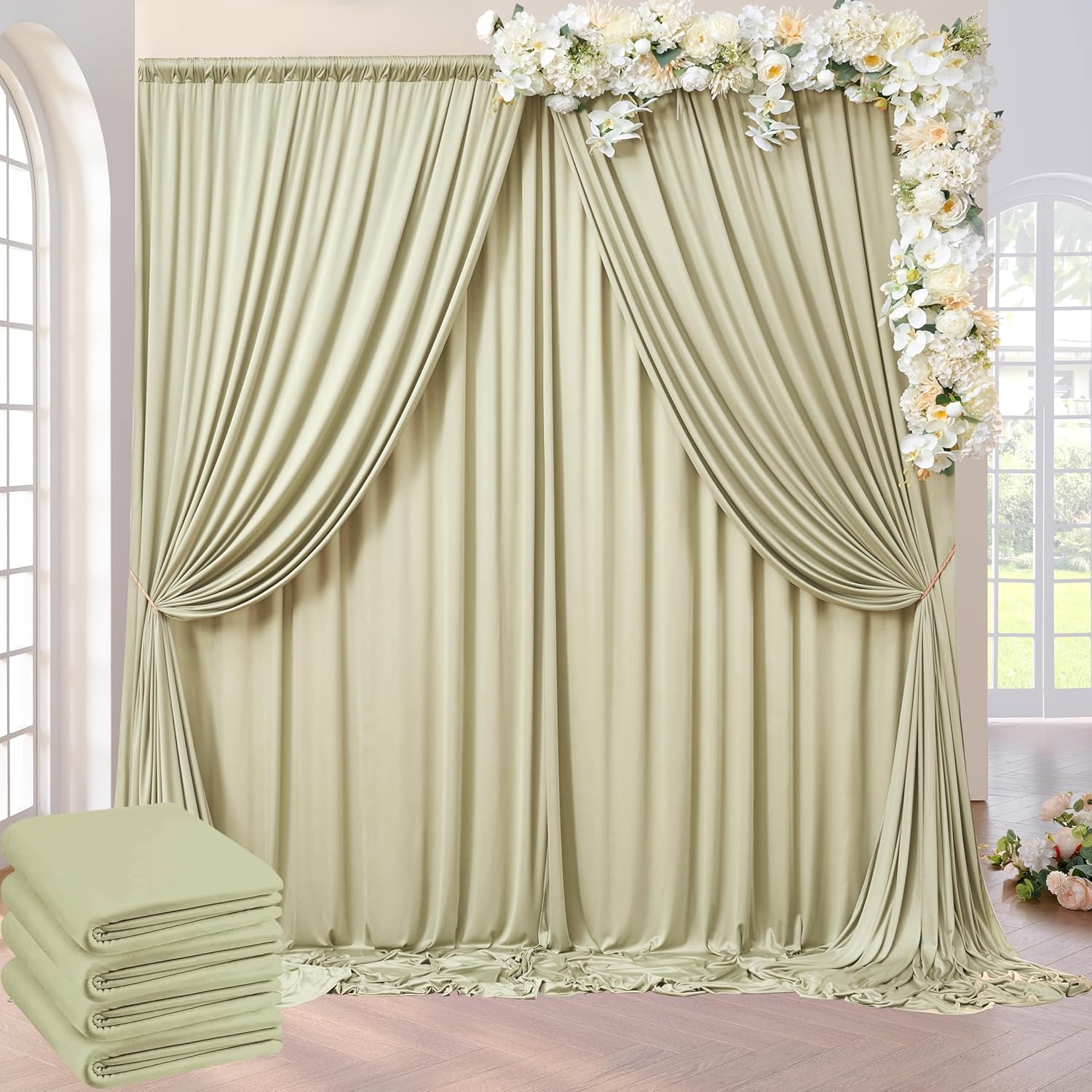 20ft x 10ft Wrinkle Free Sage Green Backdrop Curtains for Parties Weddings, 4 Panels 5×10ft Soft Silk Polyester Photo Backdrop Drapes for Birthday Baby Shower Photo Photography Background Cloth