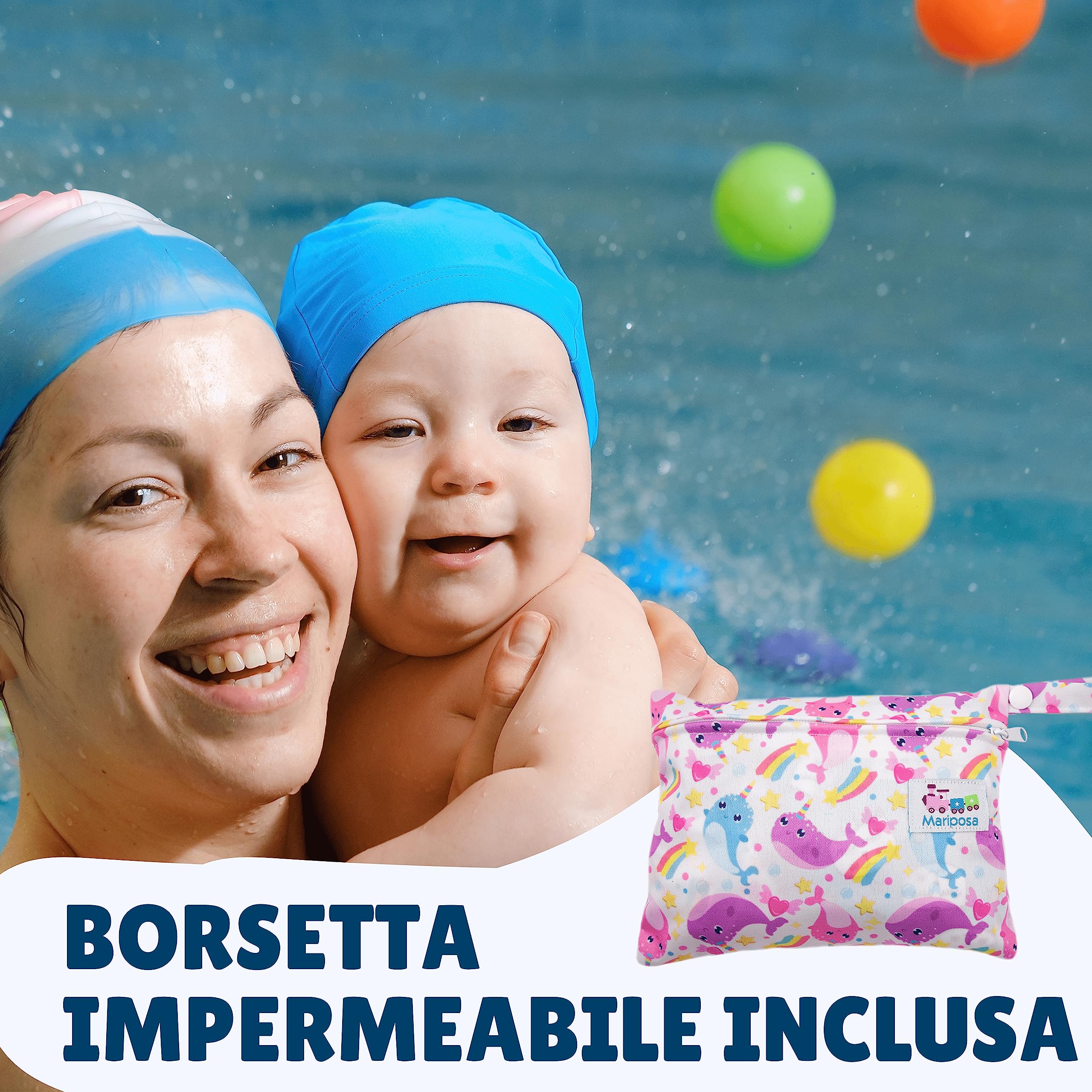 Pannolini Costumino Contenitivo Neonata per Piscina e Mare Lavabile Riutilizzabile Regolabile fino a 2 anni con Borsetta Impermeabile