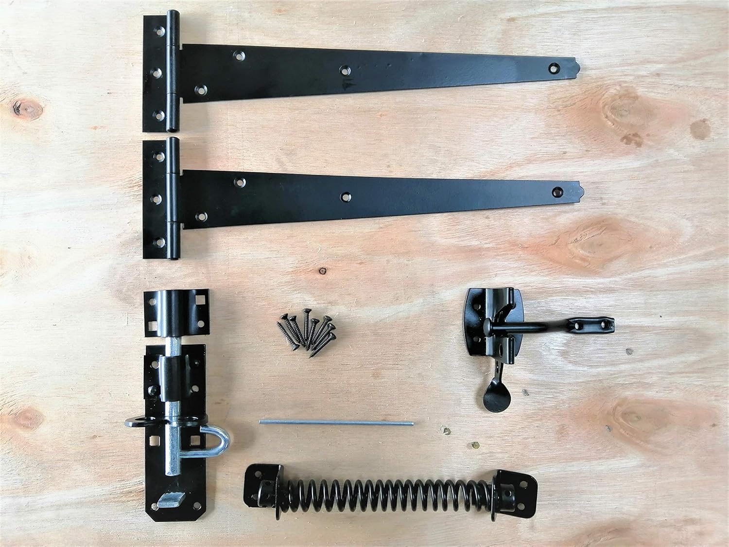 Gate Fixing Kit Latch 12" 300mm T Hinges Spring Closer Bolt Set Black