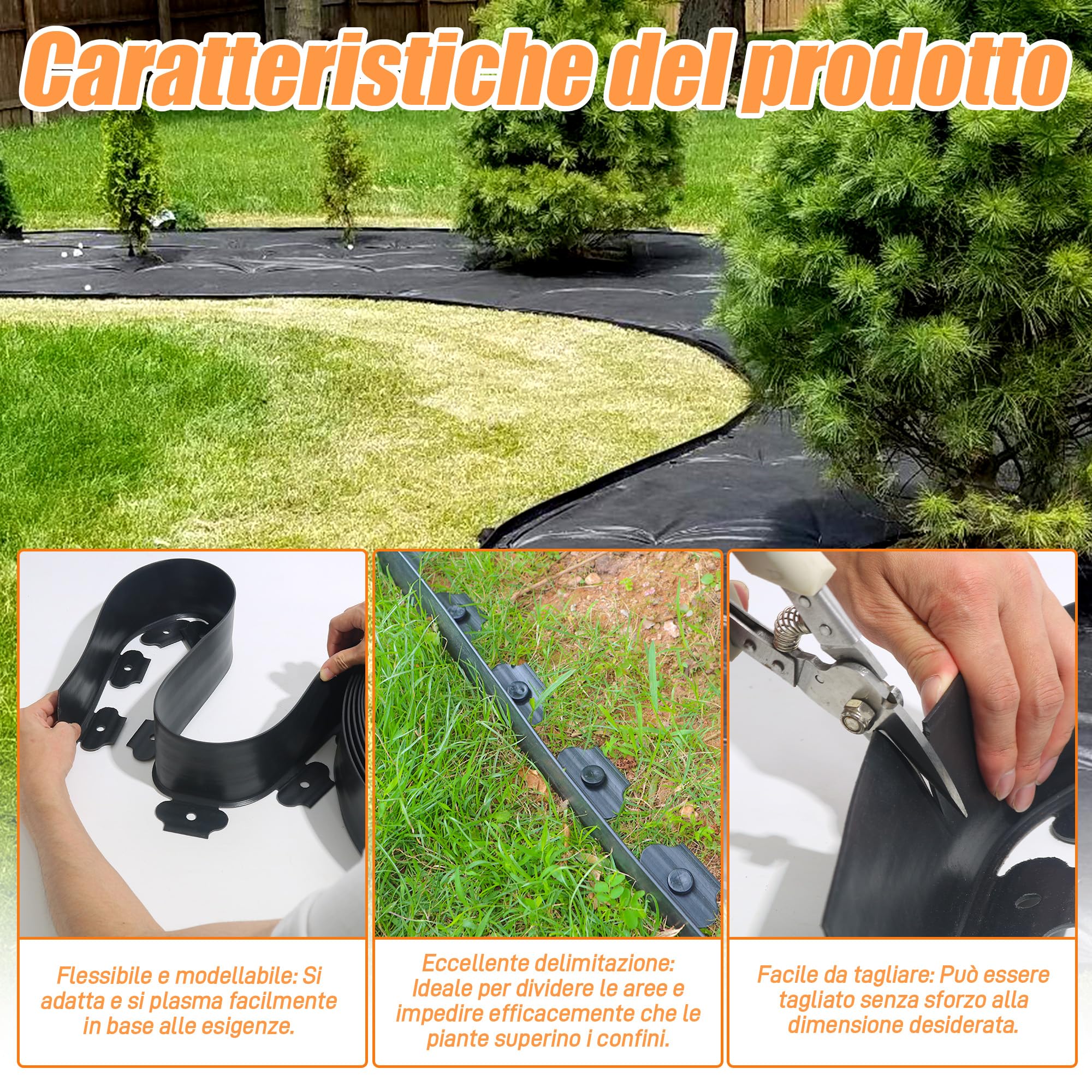 Bordo da Giardino 10m, Bordo Prato Flessibile con 50 Picchetti, Altezza 10 cm, Bordo Giardino in Plastica per Delimitazione Aiuole, Viali Giardino e Alberi, Nero