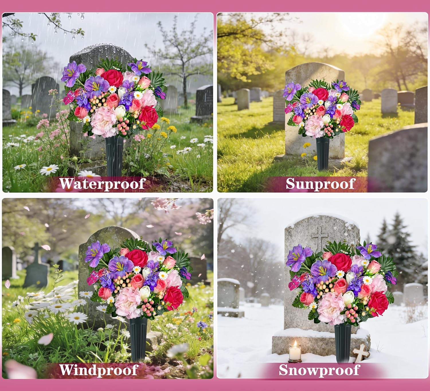 Artificial Cemetery Flower for Grave, Silk Grave Flower for Headstone Tombstone Decoration - Rose Hibiscus Tulip,Easy Fit and Colorfast