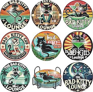 Yijingtop 8PCS Funny Cat Diamond Painting Coaster Kit with Holder,Bad Kitty Diamond Art Coasters,Crafts Kits for DIY Coasters Diamond Art Kits for Adults
