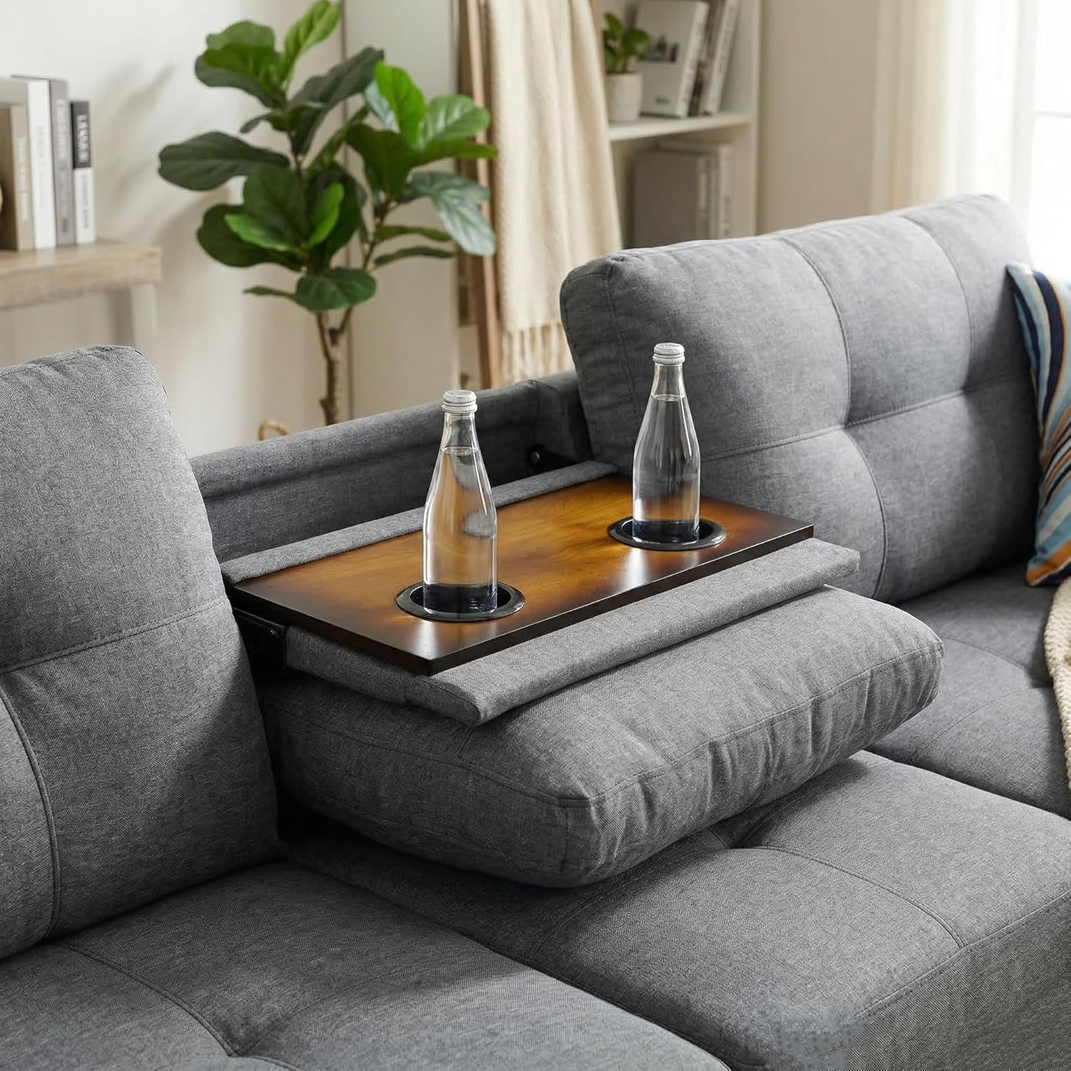 97" Linen 4-Seat L-Shaped Sectional Sofa with Movable Chaise & Storage Ottoman - 3-Piece Modular Convertible Couch for Living Room, Bedroom, Apartment & Office, Charcoal