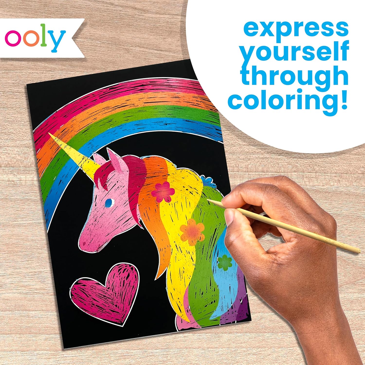 Ooly Scratch & Scribble 10pc Art Kit with 8 Total Scratch Cards (4 Illustrated, 2 Blank, 2 Rainbow) with Scratching Tool and Sparkled Stickers, Art Set Gifts for Kids - Unicorns