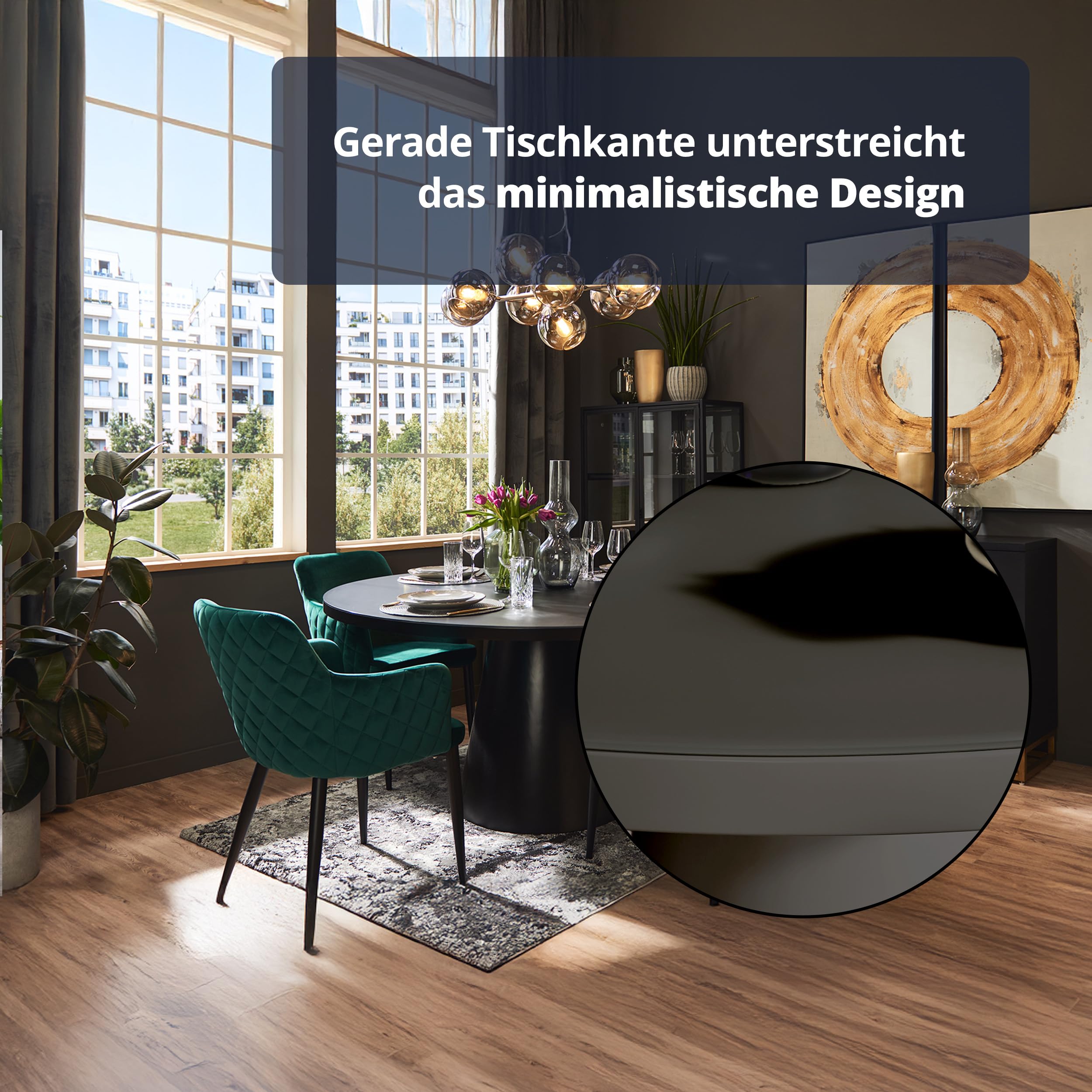 KHG Esstisch Rund 150 cm Durchmesser, Schwarz mit Glasplatte, Platz für 6 Personen, bis 100 kg belastbar - Minimalistisches Design, konisches Tischgestell, modern & pflegeleicht