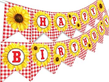 Sunflower Happy Birthday Banner - BBQ Birthday Party Pennant - Red Gingham Banner - Sunflower Picnic
