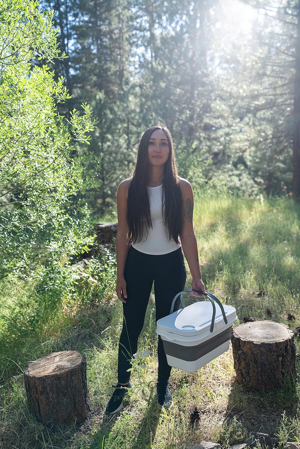 Stansport Silicon Folding Basket with Table Top Lid - Portable Washing Basin Bucket Tub - Camping Travel - Storage Container Compact Laundry Dishes White Large