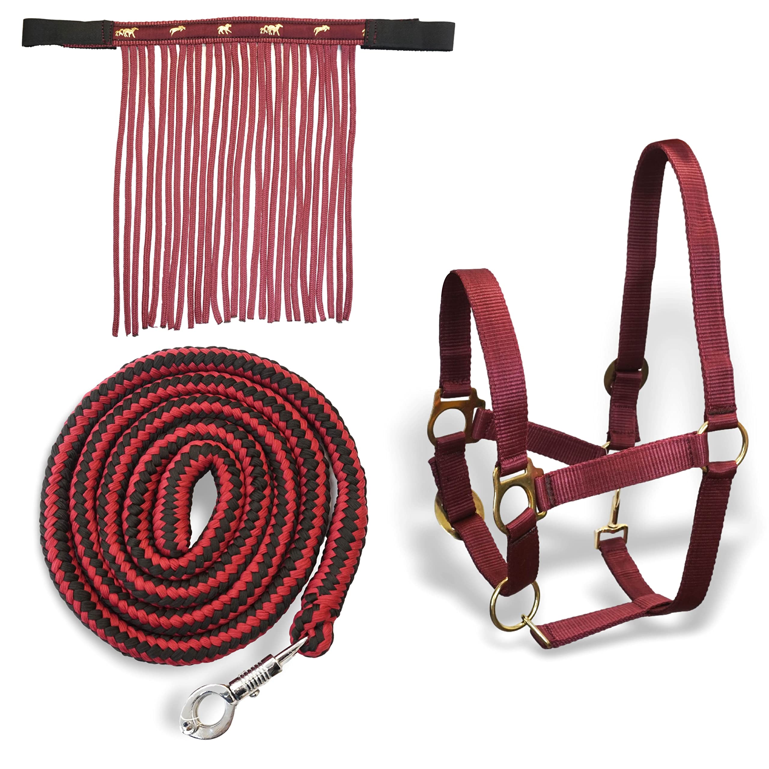 Cabestro para caballos con cuerda y flecos de mosca, Protectores, Cabestro con punto – Cabestro Pony Shetty Cabestro Cob Full Kb (sangre fría (X-Full), color burdeos negro