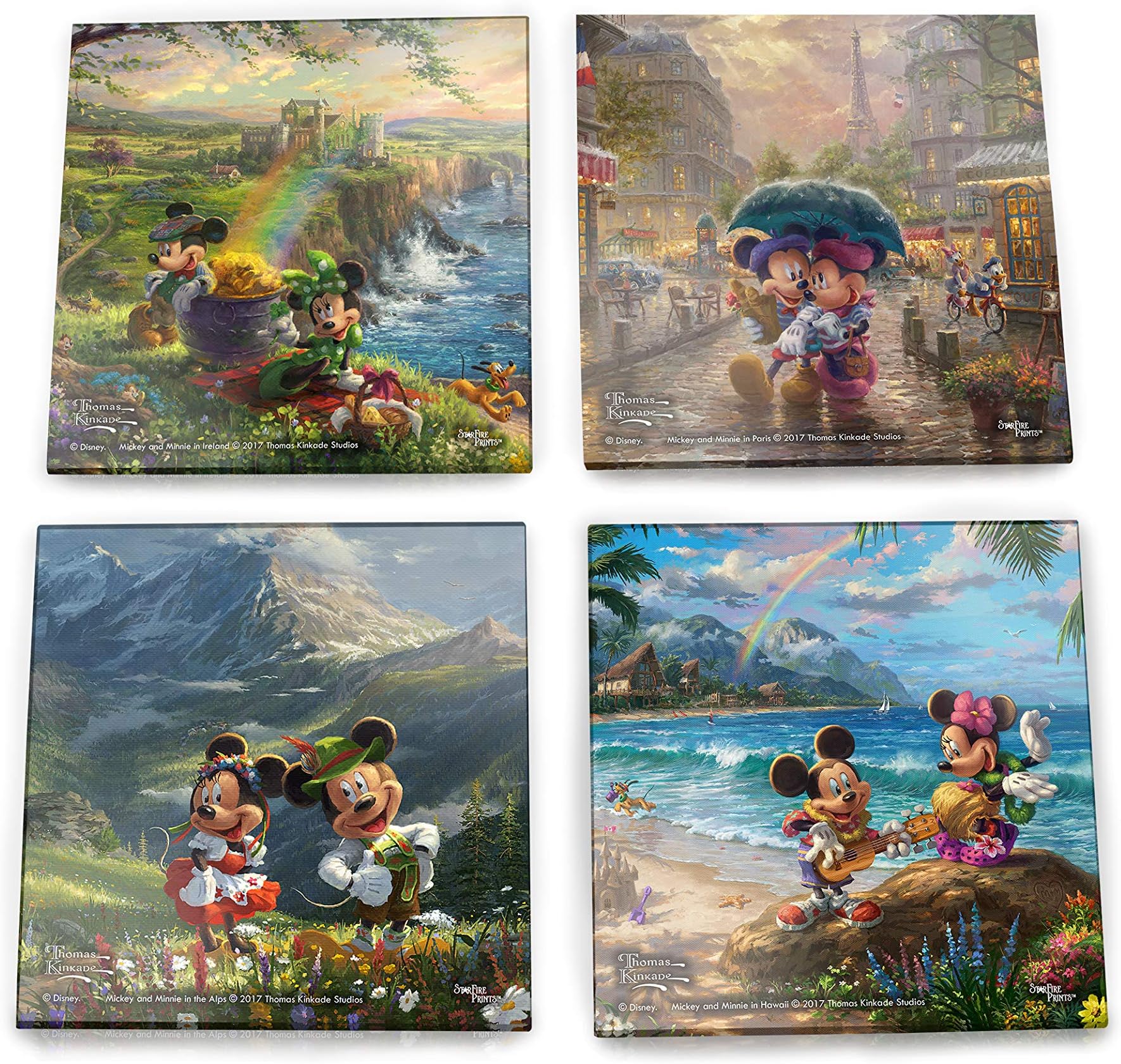 Trend Setters - Disney Mickey and Minnie Mouse Glass Coaster Set – Paris Alps Ireland Hawaii – for Gifting Collecting - Comes with Stylish Modern Wooden Holder SPCSTR854