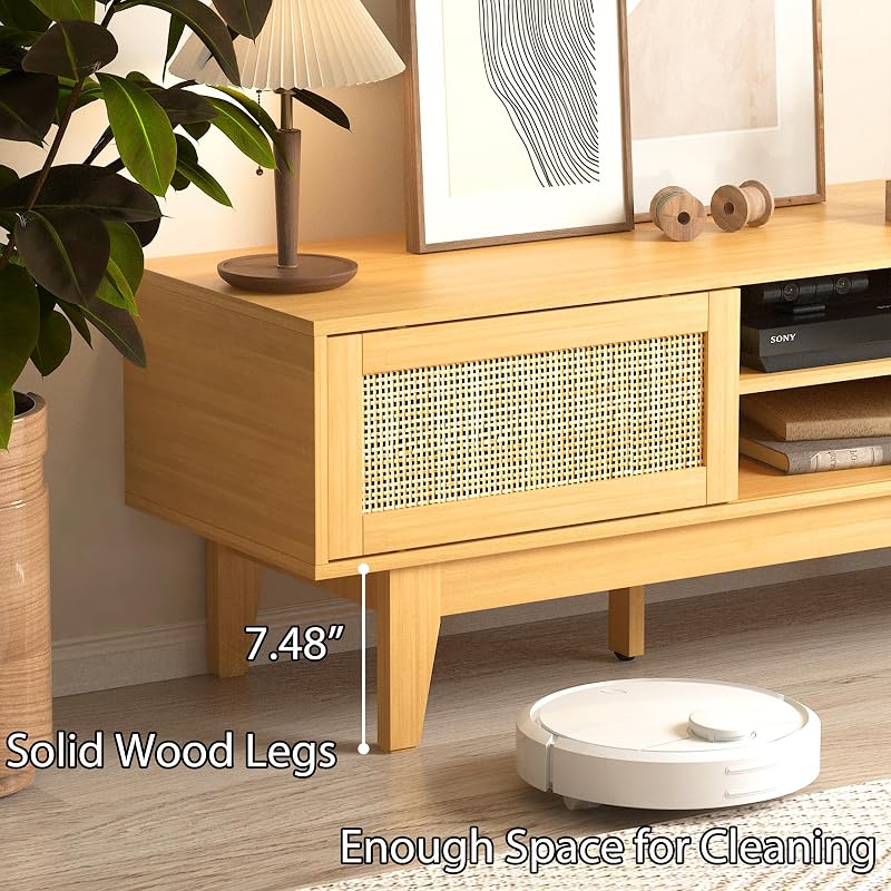 Boho TV Stand for 55 65 Inch TV, Rattan Entertainment Center with Shelves, Cabinets and Sliding Doors, TV Media Console Table with Solid Wood Feet & Cord Holes for Living Room, Bedroom, Natural image 6