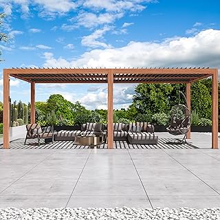 Modern Shade Aurora Louvered Pergola 10'x20' with Gutter Guard, Heavy Duty Outdoor Pergola with Adjustable Waterproof Roof & Integrated Drainage, Reinforced Frame, Easy Assembly, Wood Grain