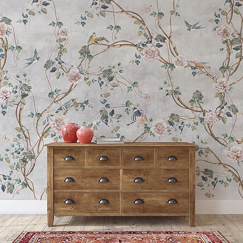 Miniatura 4 de Murwall Chinoiserie Wallpaper Watercolor Peony Blossom Tree Wall Mural (STYLE2)