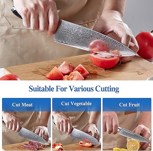 Miniatura 6 de Juego de 3 cuchillos de cocina japoneses de damasco, cuchillo de chef profesional afilado negro, uso de forja de acero de damasco premium, con mango