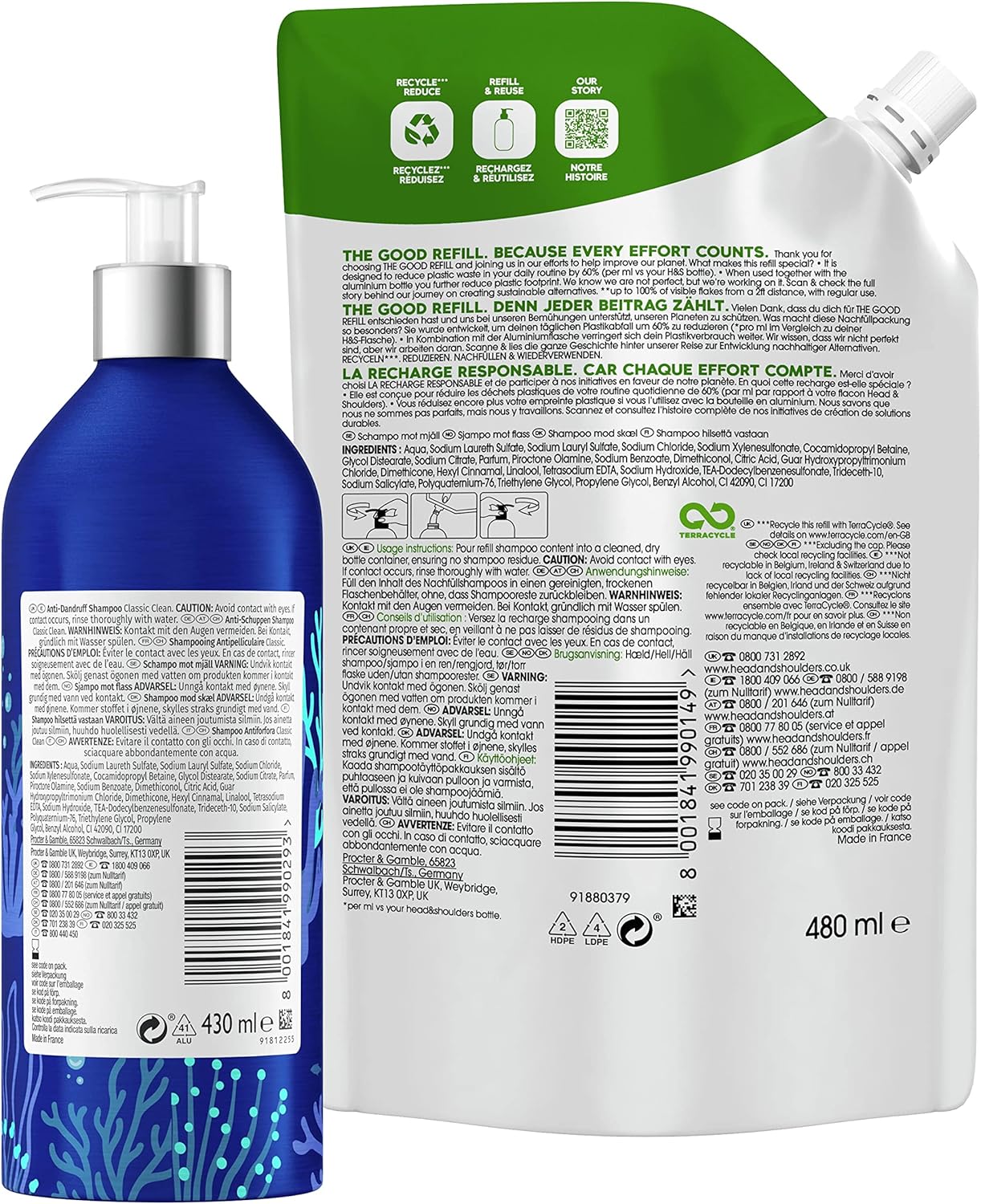 Head & Shoulders Classic Clean Refillable Aluminum Anti Dandruff Shampoo Bottle And Refill