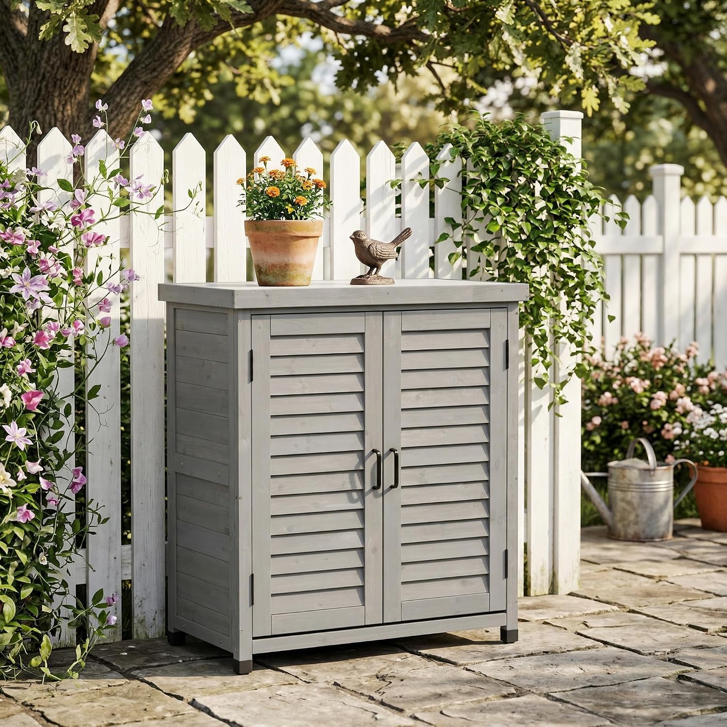 Potting Bench with Storage Cabinet and Metal Table Top for Outdoor Patio, Garden Furniture Wood Workstation Grey 31.5x17x36''