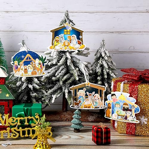 Miniatura 2 de Glenmal 32 hojas de calcomanías de belén para niños, manualidades religiosas de Navidad, calcomanías con cartón y cuerda para recuerdos de fiesta,
