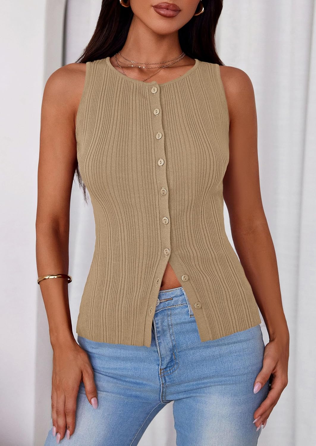 PRETTYGARDEN Ribbed Tank Tops for Women Summer 2026 Button Down Sleeveless Shirts Y2K Fashion Clothing Going Out Vest Top - Image 3