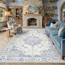 PureCozy Blue Area Rug 8x10 Vintage Oriental Medallion Non-Slip Carpet | Machine Washable, Soft, Low Pile, Distressed, Large for Living Room, Bedroom, Dining Room, Office, Retro Home Decor