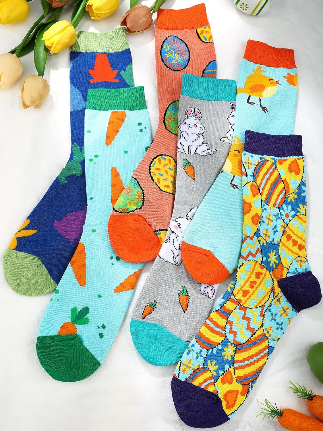 Jenaai 6 Pairs Easter Socks for Adult Print Crew Socks Novelty Rabbit Carrot Egg Chick Pattern for Easter Party Gift - Image 4