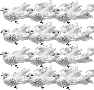 BANBERRY DESIGNS Doves with Clips - White Feathered - Set of 12 Long Tai...
