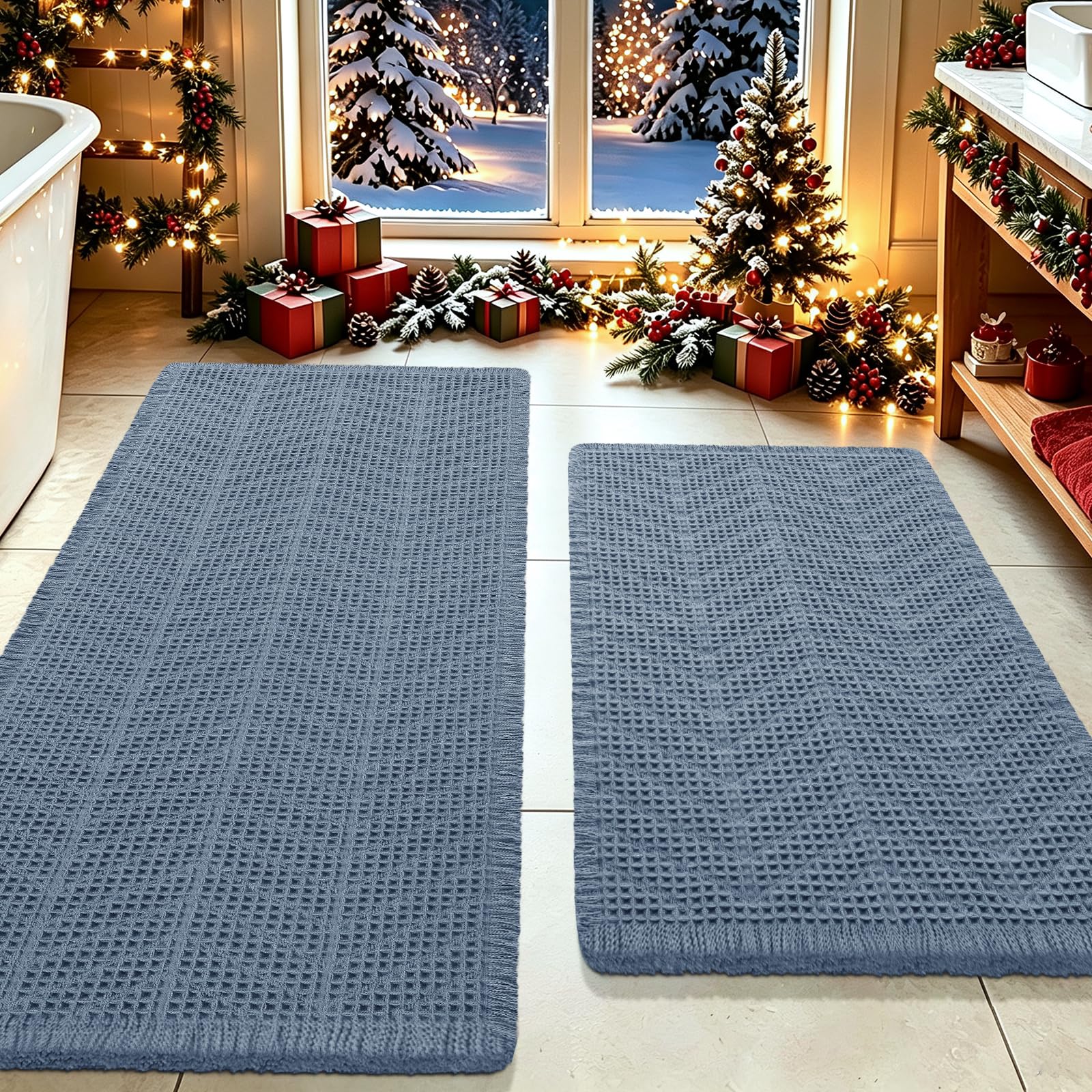 Upgrade Waffle Bath Mat Set 2 Piece, Boho Bathroom Rugs Absorbent Non Slip, Ultra Soft Bathroom Mat, Machine Washable Knit Bath Rugs with Herringbones for Bathroom,Bedroom,Kitchen, Shower, Tub, Blue
