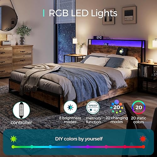 Miniatura 3 de LINSY Base de cama de tamaño matrimonial con cabecero ergonómico y 4 cajones, marco de cama de montaje rápido con luces LED y cargador rápido, marco