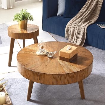 Gexpusm Round Wood Coffee Table Set of 2, Farmhouse Solid Wood Coffee Table & End Table Side Table for Living Room, Circle Rustic End Table Set, No Need Assembly 2 Piece, 31x31x16 in