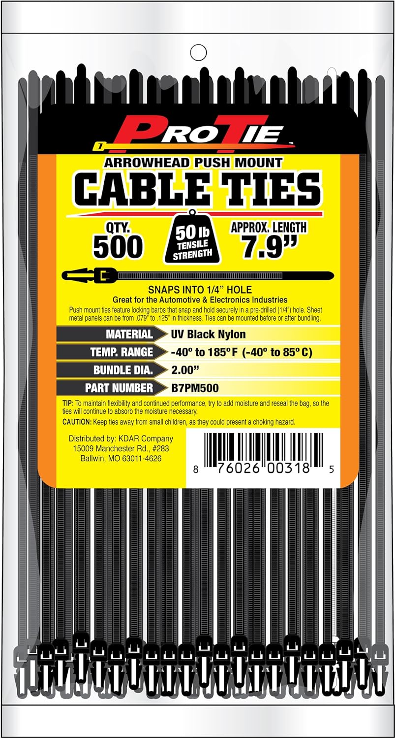 Pro Tie Arrowhead Push Mount Nylon Cable Ties for Indoor and Outdoor Use |7.9-Inch, 50 lbs. Tensile Strength, UV Black Nylon, 500-Pack (PN: B7PM500)