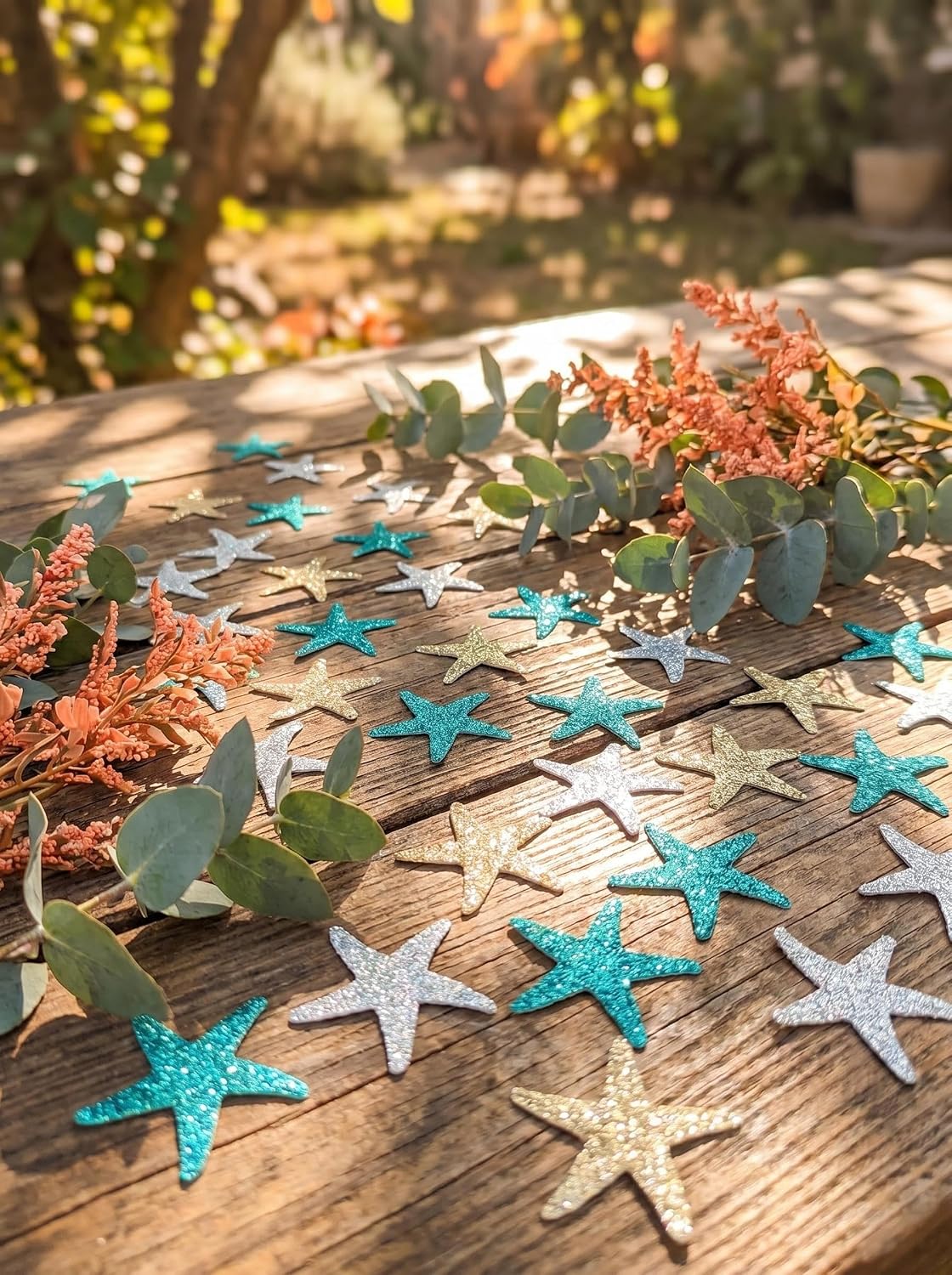 Glitter Paper Starfish Confetti for Birthday Party Table Scatter Beach Theme Party Wedding Decorations DIY Crafts Pack of 150 (teal gold silver)