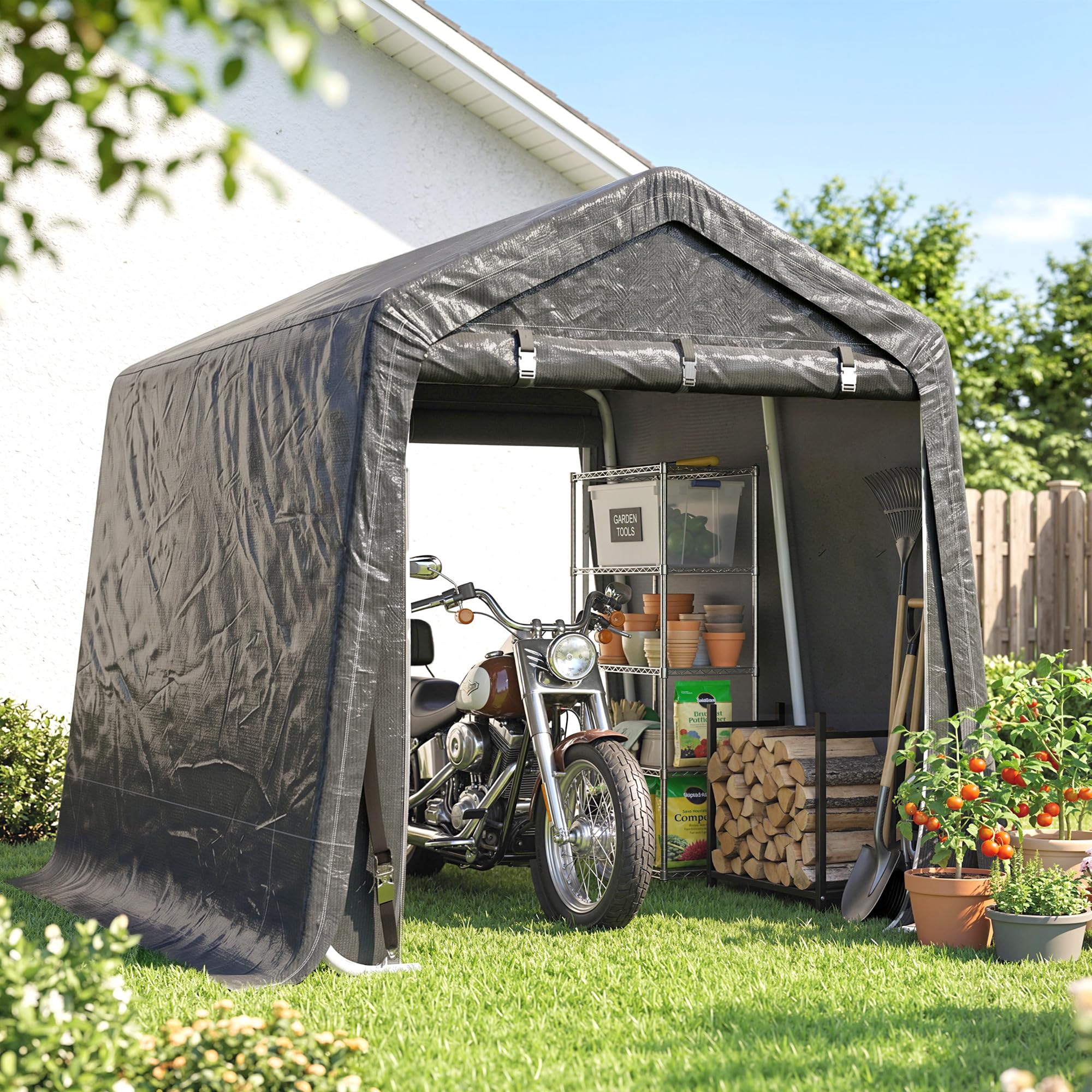 Outsunny Abri de Jardin, Tente de Stockage, 2 Portes zippées, Cadre métallique, abri de vélo, Protection Contre la Pluie légère et Le Vent, 280 x 240 x 240 cm, Gris foncé
