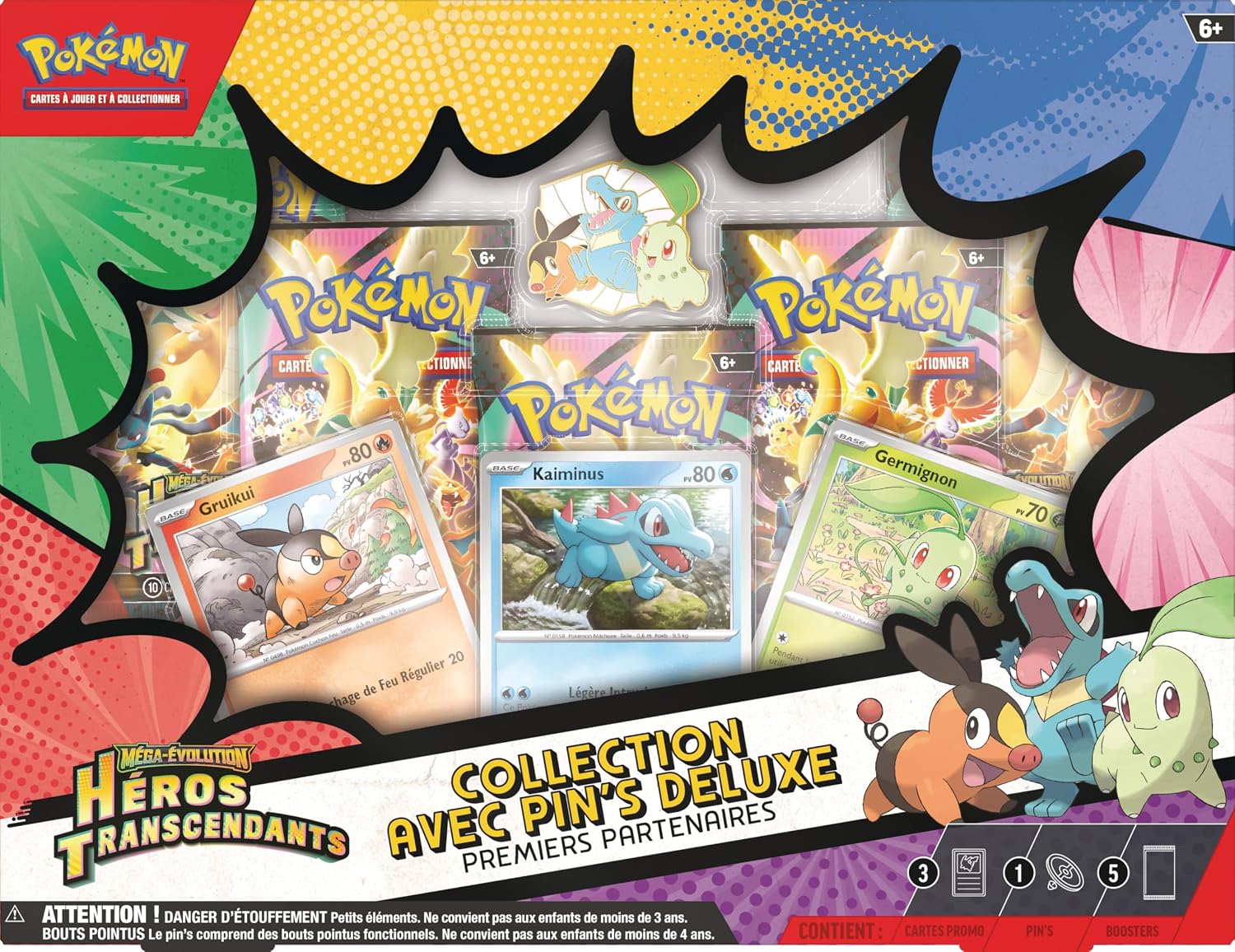 Pokémon : Collection avec pin’s Deluxe Premiers Partenaires Méga-Évolution – Héros Transcendants (3 Cartes Promo Brillantes, 1 pin’s Deluxe et 5 boosters) — image 2