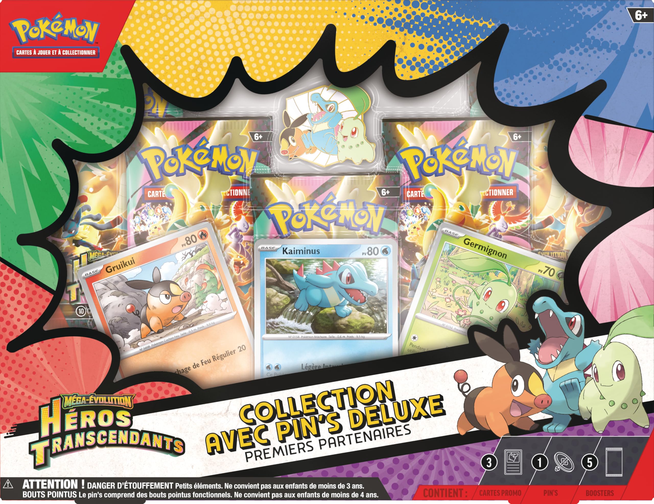 Pokémon : Collection avec pin’s Deluxe Premiers Partenaires Méga-Évolution – Héros Transcendants (3 Cartes Promo Brillantes, 1 pin’s Deluxe et 5 boosters)