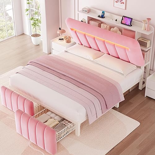 Miniatura 10 de Base de cama Queen con cabecera de almacenamiento, marco de cama negro tapizado tamaño Queen con cajones de almacenamiento y estación de carga, cama