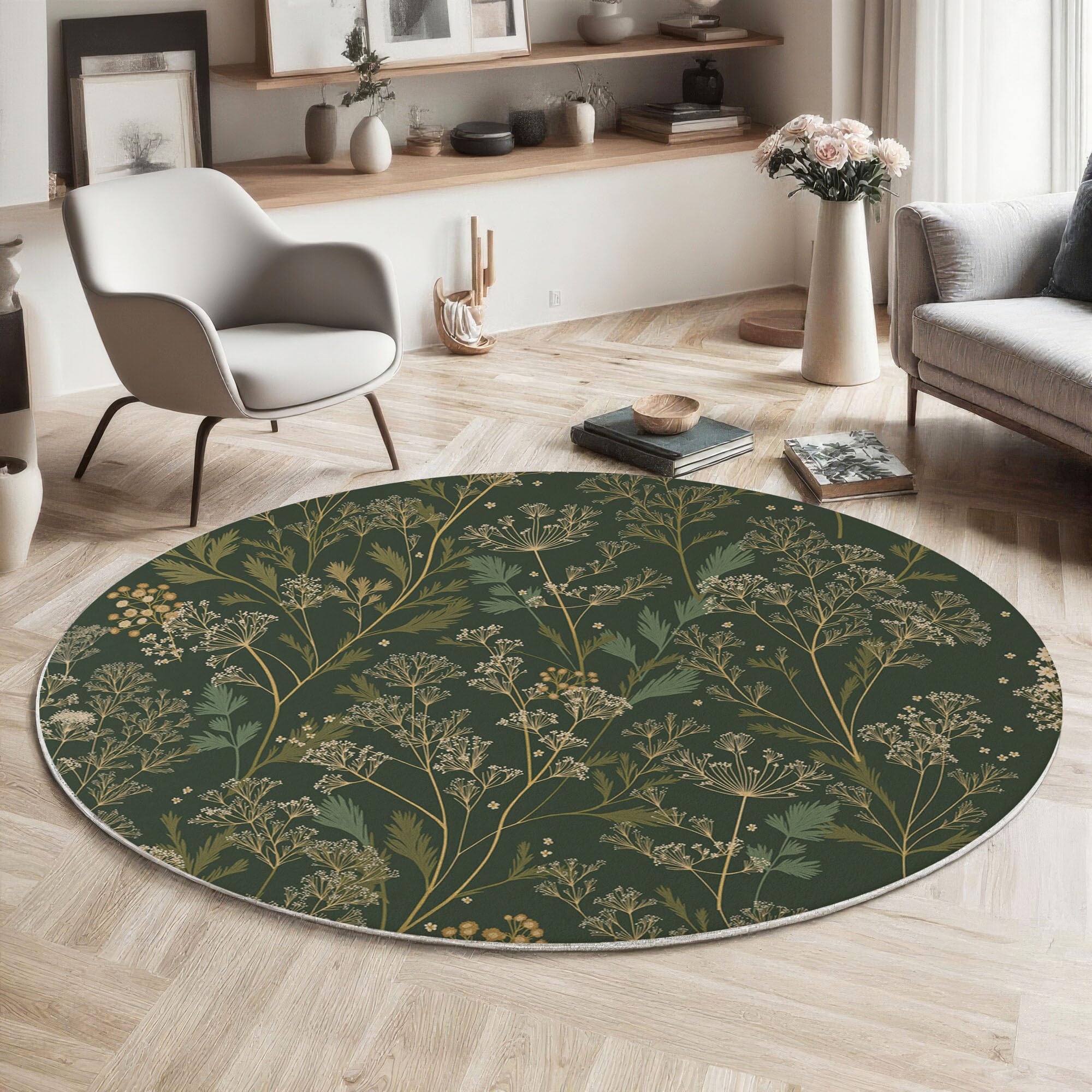 Tapis de salon vert foncé aux finitions soignées et motif végétal
